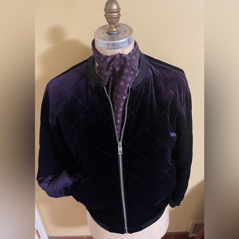Men’s purple faux velvet bomber jacket.
